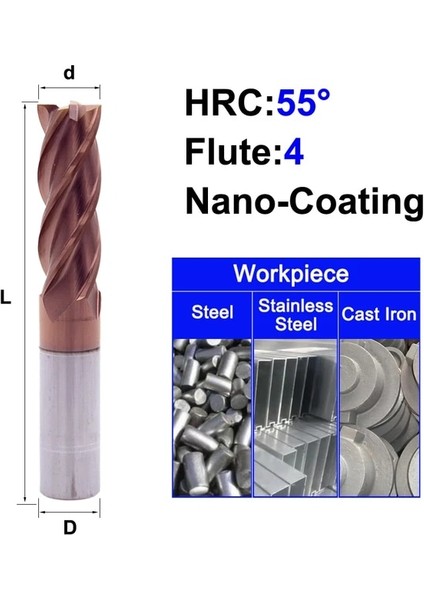 6X6X50L 4F55C Mzg Hrc 45 55 65 2 Kenar 4 Flüt Kare Freze Kesicisi Titanyum Işleme Cnc Sert Alaşım Karbür Aracı Tungsten Çelik Parmak Freze (Yurt Dışından)