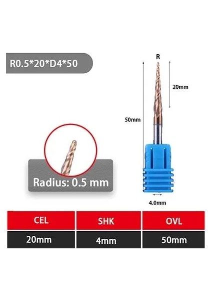 Konık R0.5-20L-D4-50L Ucheer 1 Adet 4mm 6mm Konik Bilyalı Uçlu Freze Tungsten Katı Karbür Kaplamalı Koni Cnc Freze Kesicisi Ağaç Işleme Gravür Bit (Yurt Dışından)