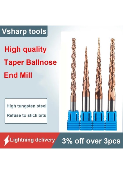 1 Adet R0.25X20.5CX4DX50L Tungsten Karbür 2 Flüt Konik Bilyalı Uçlu Freze 3.175-6MM Shank Tısın Kaplamalı 3D Gravür Freze Kesicisi Ağaç Işleme Oyma (Yurt Dışından) fiyatları