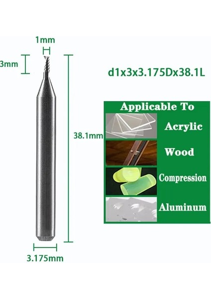 D1X3X3.175DX38.1L Spiral Uçlu Değirmen 3.175/4/5/6/8MM Shank Tek Flüt Freze Kesiciler 3D Cnc Freze Ucu Gravür Kesim Akrilik Ahşap Alüminyum (Yurt Dışından)