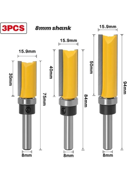 3 Adet Çap 19.05MM 6MM/6.35MM/8MM Shank Şablon Trim Menteşe Zıvana Açma Yönlendirici Bit Dia 15.9MM/19.05MM Düz End Mill Giyotin Temizleme Gömme Bit (Yurt Dışından) modelleri