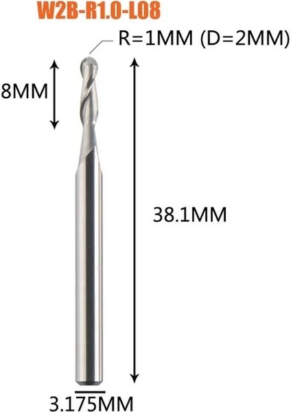 W2B-R1.0-L08 Dreanique 1 Adet Karbür Bilyalı Uçlu Freze Kesici 2 Flüt R0.5-R4.0 Freze Freze Ucu Ahşap ve Alüminyum Cnc Için (Yurt Dışından)