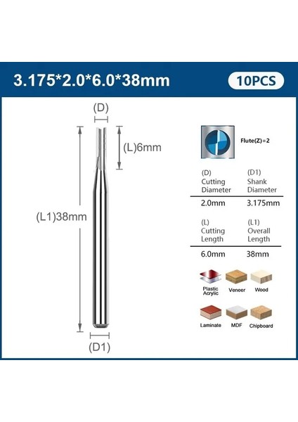 10 Adet 3.175X2X6L Xcan Karbür Uçlu Değirmen 10 Adet 3.175 Shank 2 Flüt Düz Yuvası Freze Kesicisi Mdf Plastik Ahşap Kesici Cnc Makinesi Yönlendirici Bit (Yurt Dışından)
