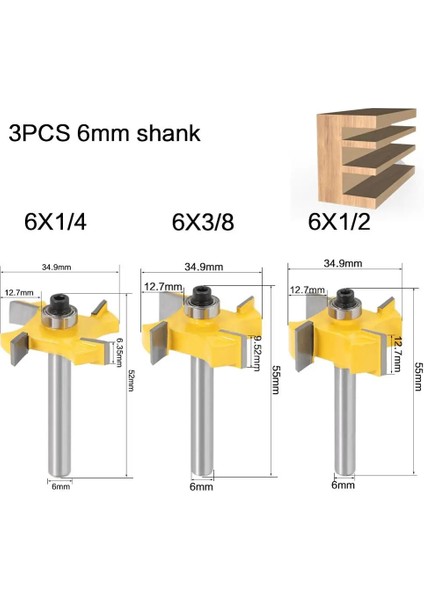 3 Adet 6.35MM Sap 6mm 1/4 Inç Sap T Tipi Rulmanlar Ahşap Freze Kesicisi Endüstriyel Sınıf Rabbeting Bit Ağaç Işleme Aleti Freze Uçları Ahşap (Yurt Dışından)