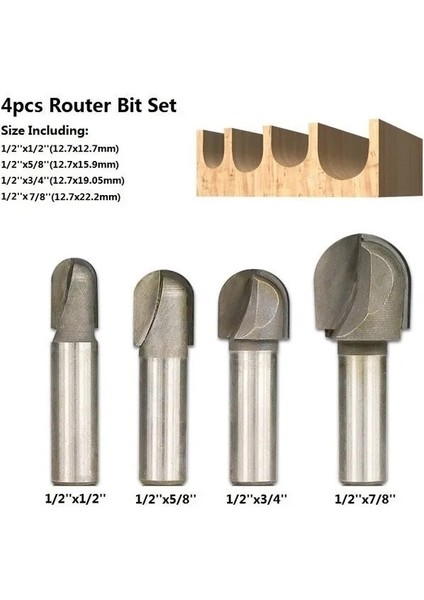 4 Adet Freze Ucu Seti 1/2 ''(12.7mm) Shank Köşe Yuvarlama Freze Ucu Bilyalı Burun Ahşap Freze Kesici Uzun Erişim Yarıçapı Kesici Çapı 1/2 5/8 3/4 1 (Yurt Dışından)
