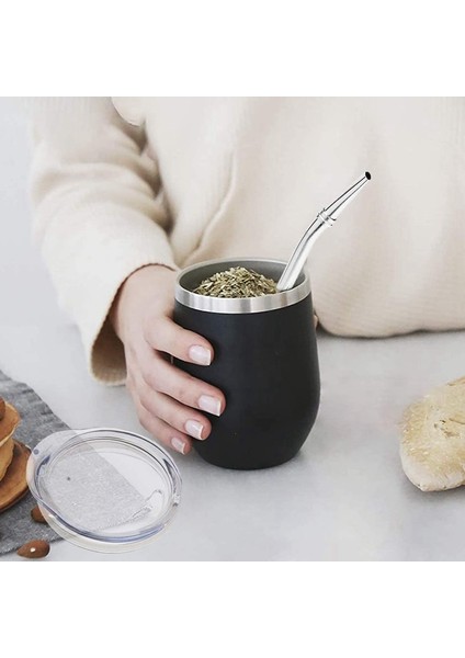 Siyah Çift Duvar Paslanmaz Yerba Kabak Mate Çay Seti Kahve Fincanları Su Mate Çay Kapaklı Bardak Kaşık Saman Bombilla Kafa Filtre Fırçası (Yurt Dışından)