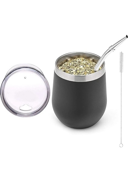 Siyah Çift Duvar Paslanmaz Yerba Kabak Mate Çay Seti Kahve Fincanları Su Mate Çay Kapaklı Bardak Kaşık Saman Bombilla Kafa Filtre Fırçası (Yurt Dışından)