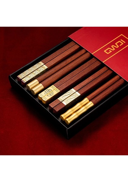 5 Pairs-Wujin 5/10 Pairs Kırmızı Sandal Ağacı Çubuklarını Çin Yüksek Kaliteli Lake Olmayan Balmumu Katı Ahşap Aile Otel Düğün Çubuklarını Set (Yurt Dışından)