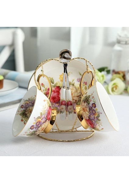 D1 Pastoral Çiçek Kemik Çini Kahve Fincan Seti Lüks Porselen Bardak Çay Seti Seramik Süt Kupa Tabağı Kaşık Cafe Parti Drinkware (Yurt Dışından)