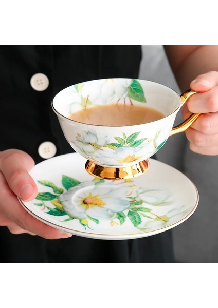 D1 Pastoral Çiçek Kemik Çini Kahve Fincan Seti Lüks Porselen Bardak Çay Seti Seramik Süt Kupa Tabağı Kaşık Cafe Parti Drinkware (Yurt Dışından)