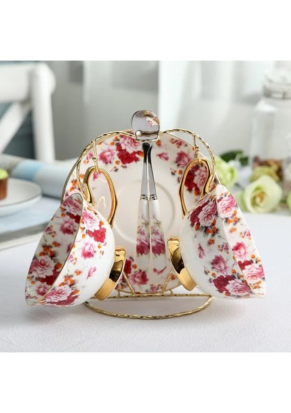 D1 Pastoral Çiçek Kemik Çini Kahve Fincan Seti Lüks Porselen Bardak Çay Seti Seramik Süt Kupa Tabağı Kaşık Cafe Parti Drinkware (Yurt Dışından)