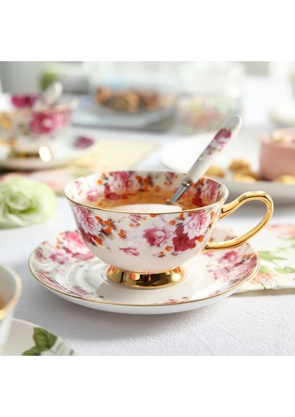 D1 Pastoral Çiçek Kemik Çini Kahve Fincan Seti Lüks Porselen Bardak Çay Seti Seramik Süt Kupa Tabağı Kaşık Cafe Parti Drinkware (Yurt Dışından)