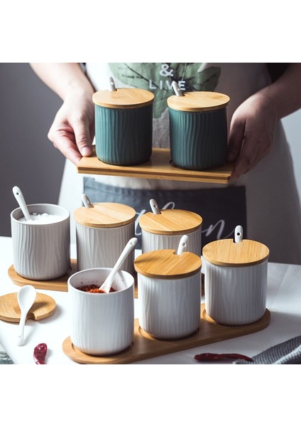 Stil 6 Klasik Ağaç Desen Seramik Baharat Pot Kaşık ve Kapaklı Ev Baharat Şişesi Kavanoz Mutfak Şişe Yağ Tuz Biber (Yurt Dışından) fiyatları
