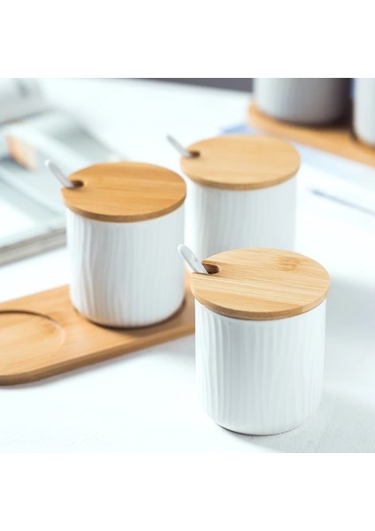 Stil 6 Klasik Ağaç Desen Seramik Baharat Pot Kaşık ve Kapaklı Ev Baharat Şişesi Kavanoz Mutfak Şişe Yağ Tuz Biber (Yurt Dışından) fırsatları