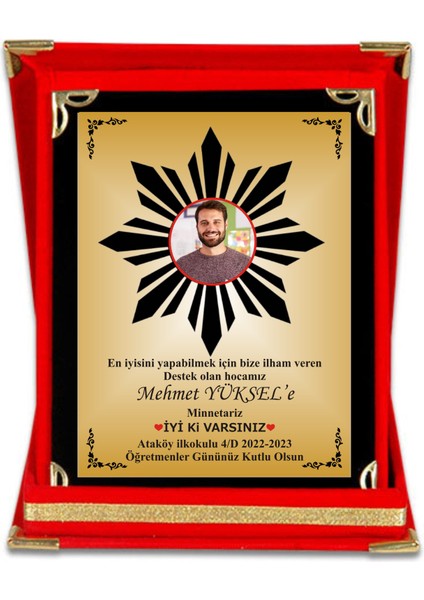 Öğretmen Plaketi ,öğretmene Resimli Plaket ,kadife Kutulu Plaket 12*16CM Ölçüsünde 8 Köşe Yıldızlı