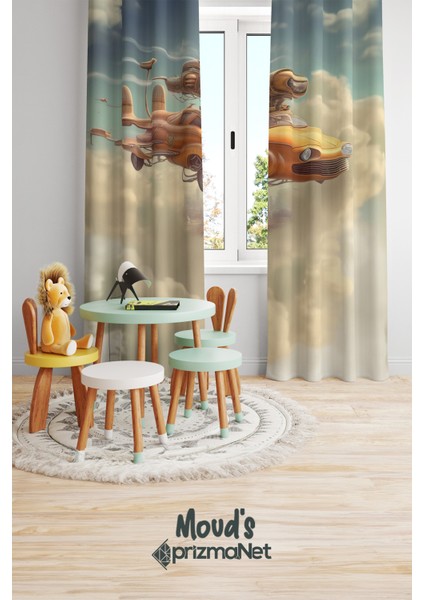 Uçan Araba Desenli Baskılı Çocuk ve Bebek Odası Fon Perdesi 2 Kanat - Prd-01