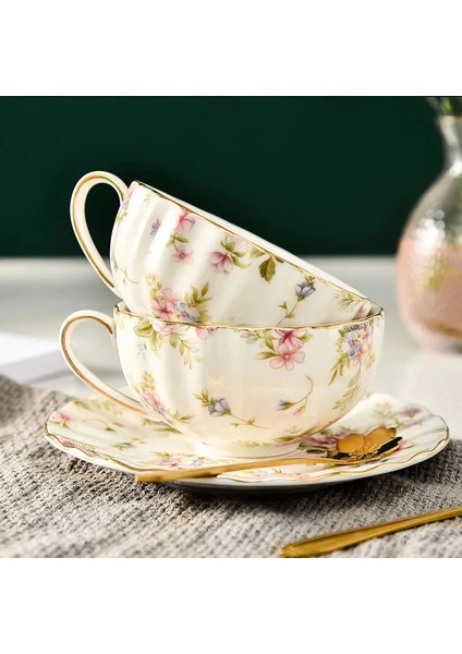 Stil C 400ML 220ML Ldyllic Çiçekler Çay Seti Seramik Kahve Fincanı Takım Elbise Ingiliz Tarzı Yüksek Dereceli Kemik Çini Altın Kenar Çay Bardağı ve Tabağı Kaşıkla (Yurt Dışından)