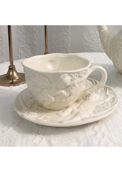 Bej Fincan Melek Kabartma Retro Seramik Çaydanlık Çay Seti Öğleden Sonra Çay Kahve Fincanı Tabağı Avrupa Saray Tarzı Bulaşık Su Isıtıcısı Seti Ev (Yurt Dışından)