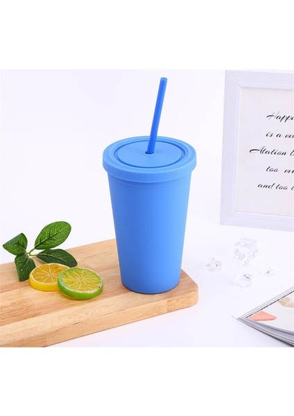 Mavi Şeker Renk Çift Katmanlı Plastik Saman Bardak Kahve Fincanı Plastik Buzlu Kullanışlı Su Bardağı Taşıması Kolay Saman Su Isıtıcısı Spor Şişe (Yurt Dışından)