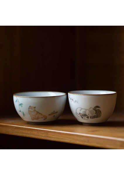 Stil J Luwu Seramik Çay Fincanı Sevimli Kedi Çin Çay Bardağı Drinkware (Yurt Dışından)