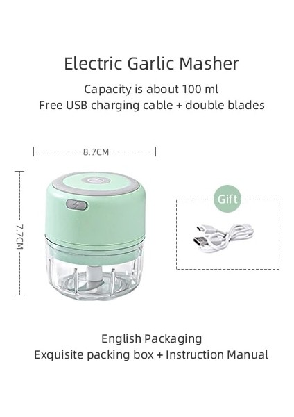 100ML Yeşil 100/250ML Elektrikli Sarımsak Ezici Sarımsak Presi Sebze Biber Et Sarımsak Soğan Kıyıcı Basın USB Ezici Makinesi Mutfak Aletleri (Yurt Dışından)