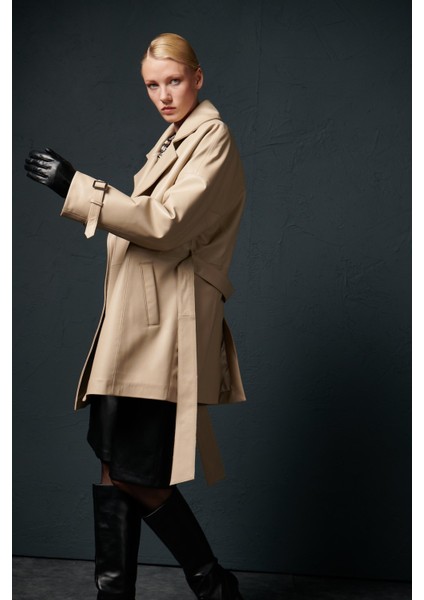 Elen Bağlamalı Deri Ceket Bej modelleri