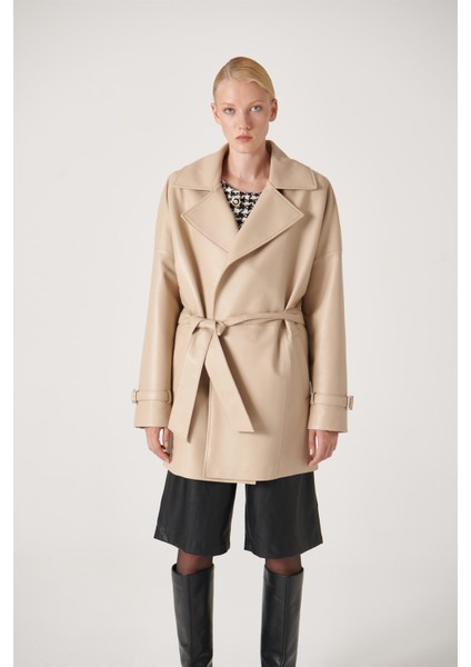 Elen Bağlamalı Deri Ceket Bej fırsatları