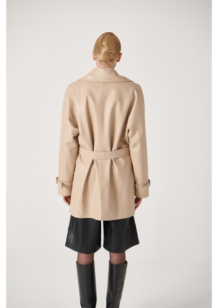 Elen Bağlamalı Deri Ceket Bej indirimleri