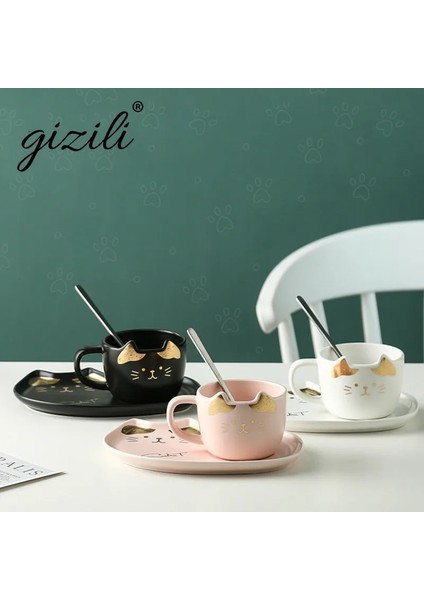 Pembe 200 ml Karikatür Seramik Kedi Kupa Seti Tabaklar Kaşık Kahve Süt Kupalar Sevimli Yaratıcı Kahvaltı Drinkware Doğum Günü Hediyesi Porselen (Yurt Dışından) modelleri