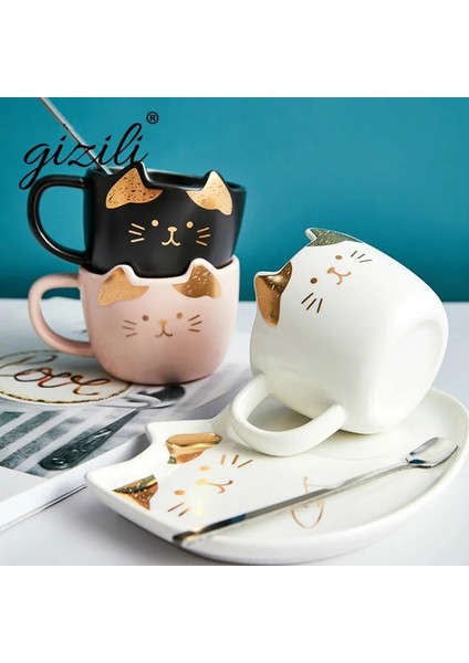 Pembe 200 ml Karikatür Seramik Kedi Kupa Seti Tabaklar Kaşık Kahve Süt Kupalar Sevimli Yaratıcı Kahvaltı Drinkware Doğum Günü Hediyesi Porselen (Yurt Dışından) fırsatları