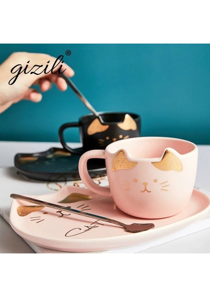 Pembe 200 ml Karikatür Seramik Kedi Kupa Seti Tabaklar Kaşık Kahve Süt Kupalar Sevimli Yaratıcı Kahvaltı Drinkware Doğum Günü Hediyesi Porselen (Yurt Dışından) indirimleri