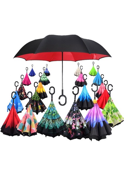 Xk Renkli Rüzgar Geçirmez Ters Katlanır Şemsiye Erkek Kadın Güneş Yağmur Araba Ters Şemsiye Çift Katmanlı Anti Uv Kendini Standı Parapluie (Yurt Dışından)
