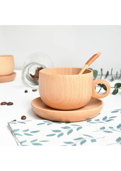 Set Ahşap Kahvaltı Kupa Kaşık ve Tabak Kayın Ahşap Öğleden Sonra Çay Süt Kahve Fincanı Ev Ofis Için Saplı Ahşap Plaka Coaster (Yurt Dışından)