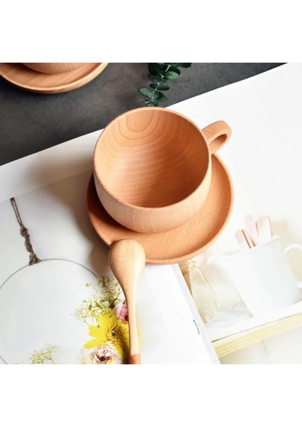 Set Ahşap Kahvaltı Kupa Kaşık ve Tabak Kayın Ahşap Öğleden Sonra Çay Süt Kahve Fincanı Ev Ofis Için Saplı Ahşap Plaka Coaster (Yurt Dışından) modelleri