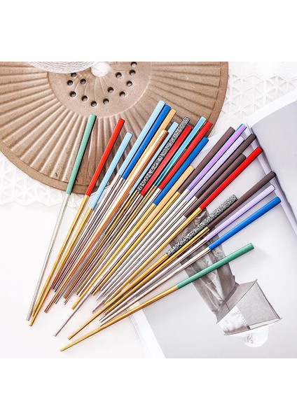 Floresan Sarı Kare Yemek Çubukları 304 Paslanmaz Çelik Yemek Çubukları Çin Yemek Çubuğu Portekiz Yemek Çubukları Çok Renkli Metal Çelik Palillos Chinos (Yurt Dışından)