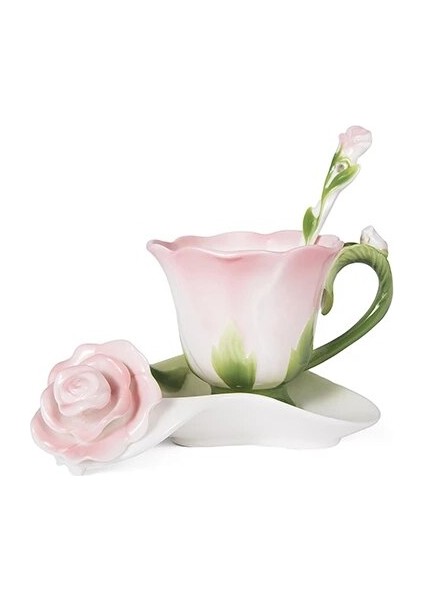 Pembe En Iyi 3D Gül Şekli Çiçek Emaye Seramik Kahve Çay Bardağı ve Tabağı Kaşık Yüksek Dereceli Porselen Fincan Yaratıcı Sevgililer Günü Hediye Tasarımı (Yurt Dışından)