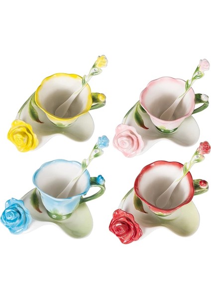 Pembe En Iyi 3D Gül Şekli Çiçek Emaye Seramik Kahve Çay Bardağı ve Tabağı Kaşık Yüksek Dereceli Porselen Fincan Yaratıcı Sevgililer Günü Hediye Tasarımı (Yurt Dışından)