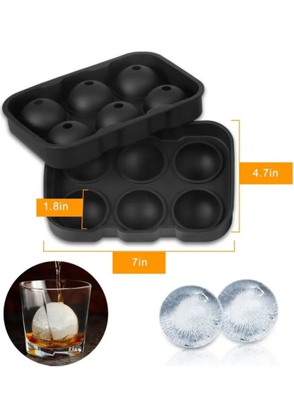 Siyah 6 Delikli Buz Küpü Tepsileri Viski ve Kokteyller Için Kapaklı Silikon Küre Topu Makinesi Bourbon Yeniden Kullanılabilir ve Bpa Içermez (Yurt Dışından) modelleri