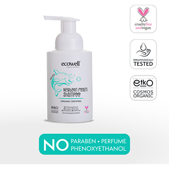 Ecowell Yenidoğan Bebek Saç ve Vücut Köpük Şampuanı Organik & Vegan Sertifikalı Konak Önleyici Kokusuz 300ml