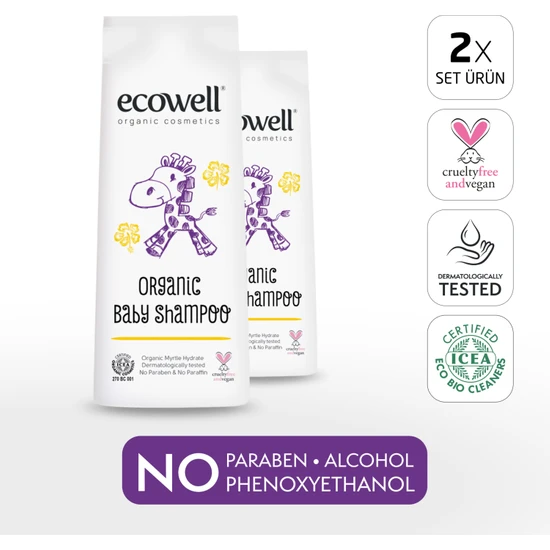 Ecowell Bebek Saç & Vücut Şampuanı, Organik & Vegan Sertifikalı, Parabensiz, Doğal Konak Önleyici 2x300ml