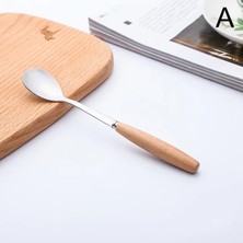 A-15.5 cm Paslanmaz Çelik Çatal Ahşap Saplı Yemek Çatalı Tatlı Kaşığı Bıçak Kahve Çay Kaşığı Meyve Çatalları Mutfak Sofra Aksesuarları (Yurt Dışından)