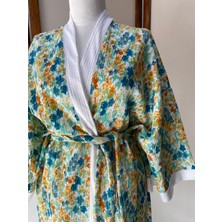 Kinua Studio Krinkıl Kumaş Renkli Çiçekli Uzun Kimono Tokalı Set