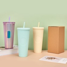 Mat Krem 710ML Çift Duvar Dıy 710ML 24OZ Pastel Renkli Plastik Durian Bardak Durian Pipetli ve Kapaklı Bardak Logosuz Kapaklı ve Pipetli Bardak (Yurt Dışından)