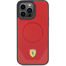 Ferrari iPhone 15 Pro Max Kılıf Ferrari Orjinal Lisanslı Magsafe Şarjlı Metal Logolu Pu Karbon Kırmızı