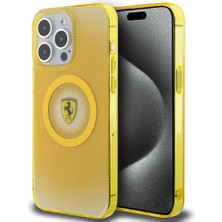 Ferrari iPhone 15 Pro Max Kılıf Magsafe Şarjlı Parçalanan Noktalar Desenli Sarı