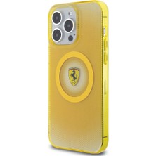 Ferrari iPhone 15 Pro Max Kılıf Magsafe Şarjlı Parçalanan Noktalar Desenli Sarı