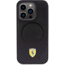 Ferrari iPhone 15 Pro Kılıf Ferrari Orjinal Lisanslı Magsafe Şarj Özellikli Metal Logolu Pu Karbon Siyah