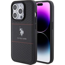 U.S. Polo Assn. iPhone 15 Pro Kılıf U.s. Polo Assn. Orjinal Lisanslı Deri Şeritli Logo Dizayn Kapak Siyah