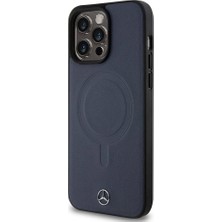 Mercedes-Benz iPhone 15 Pro Max Kılıf Mercedes-Benz Orjinal Lisans Magsafe Şarjlı Metal Yıldız Logo Deri Lacivert