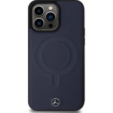 Mercedes-Benz iPhone 15 Pro Max Kılıf Mercedes-Benz Orjinal Lisans Magsafe Şarjlı Metal Yıldız Logo Deri Lacivert